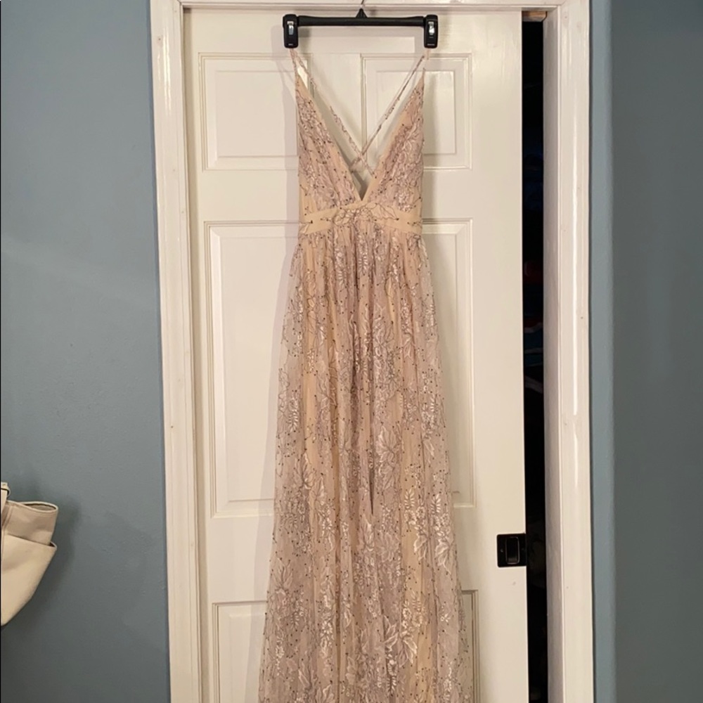 White/nude lace print long dress